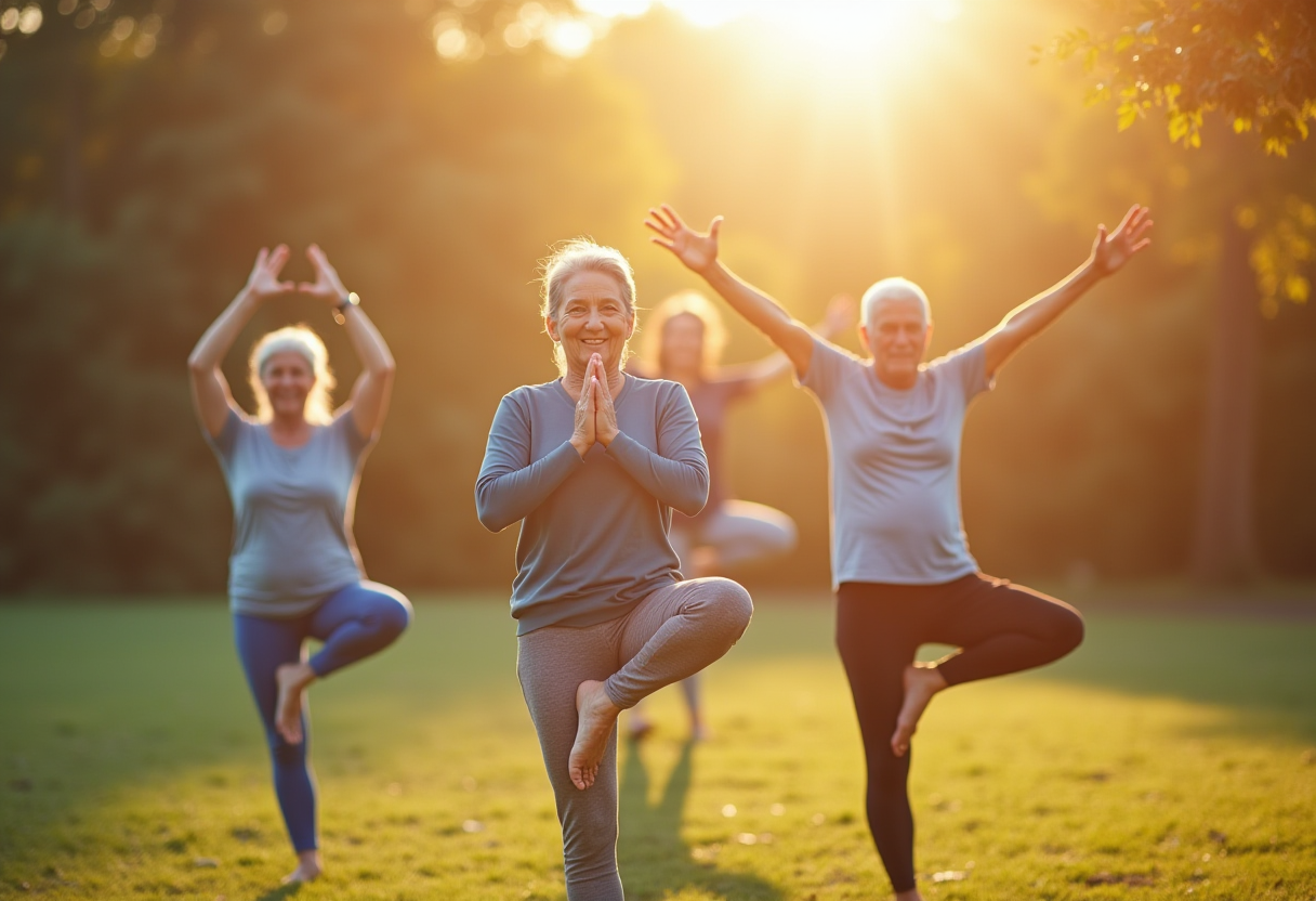 Група людей старшого віку займається йогою на природі